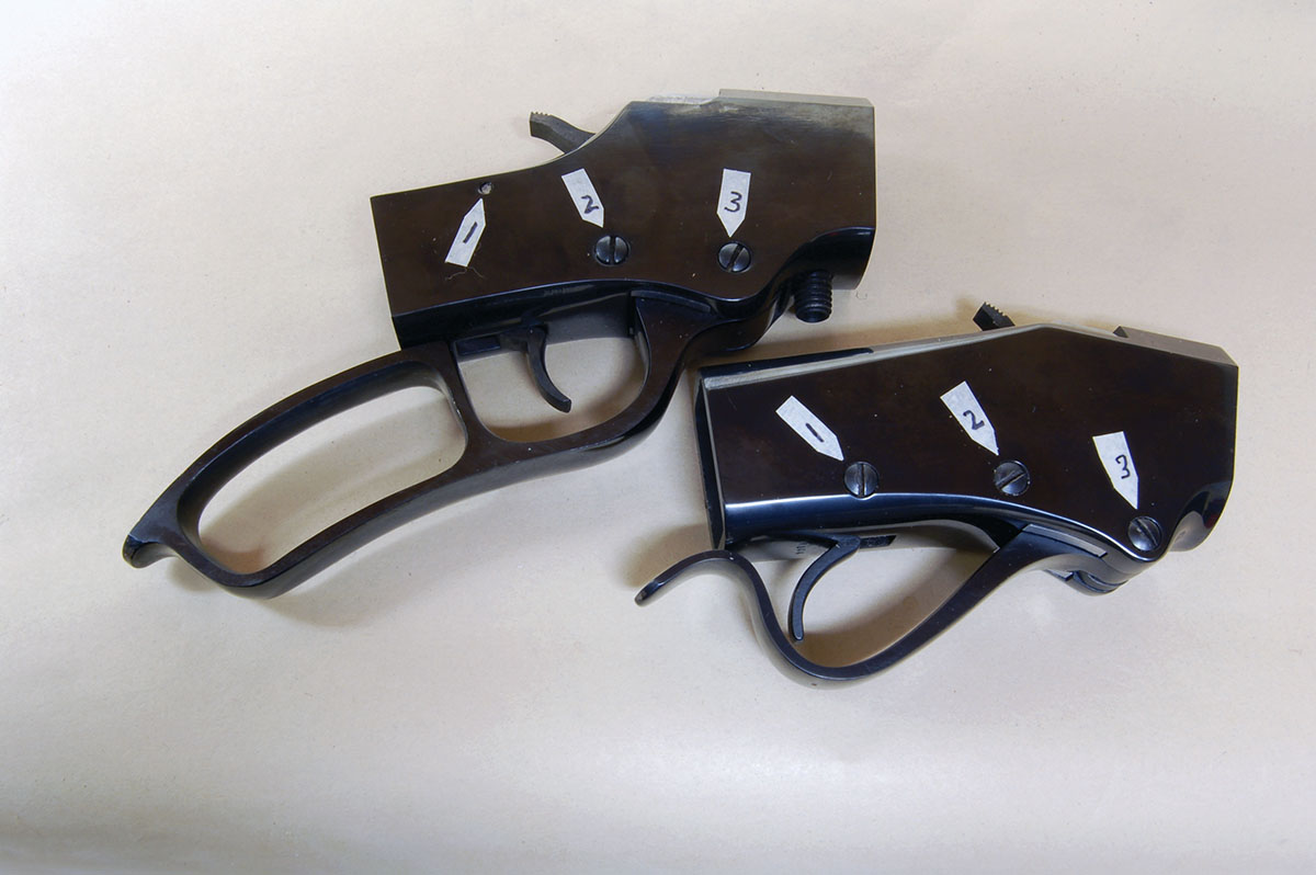 Model S (top) and Model H (bottom) show the (1) trigger pivot, (2) hammer pivot and (3) lever pivot.